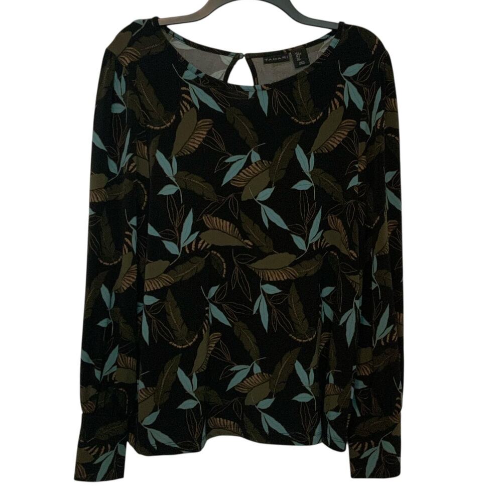 Tahari Leaf Blouse Top Button Sleeve Keyhole Black Large